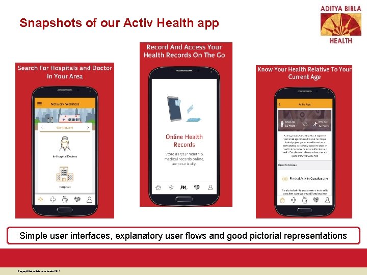 Snapshots of our Activ Health app Simple user interfaces, explanatory user flows and good