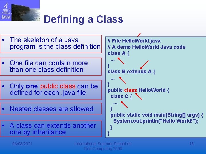 Defining a Class • The skeleton of a Java program is the class definition