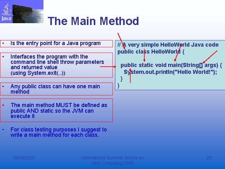 The Main Method • Is the entry point for a Java program • Interfaces The Main Method • Is the entry point for a Java program • Interfaces