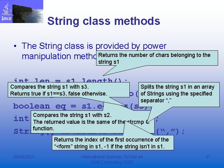 String class methods • The String class is provided by power Returns the number
