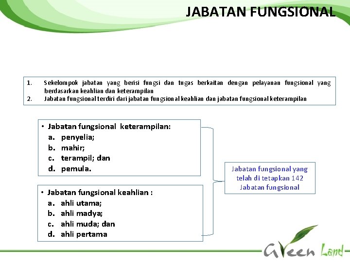 JABATAN FUNGSIONAL 1. 2. Sekelompok jabatan yang berisi fungsi dan tugas berkaitan dengan pelayanan