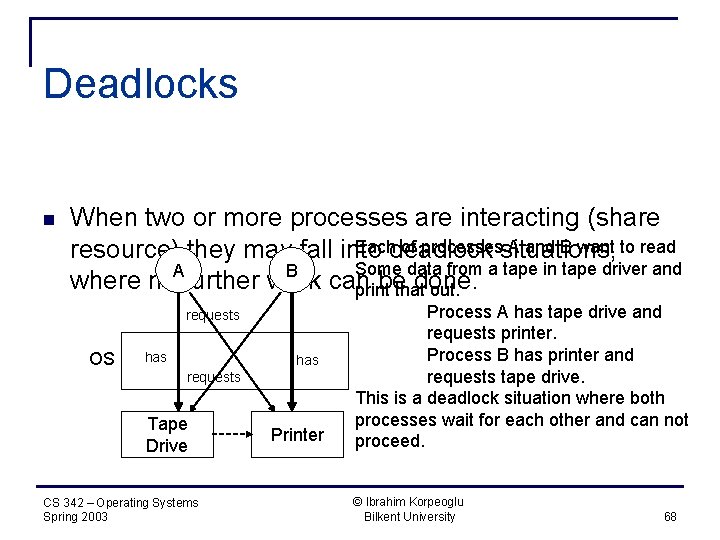 Deadlocks n When two or more processes are interacting (share Each of processes A