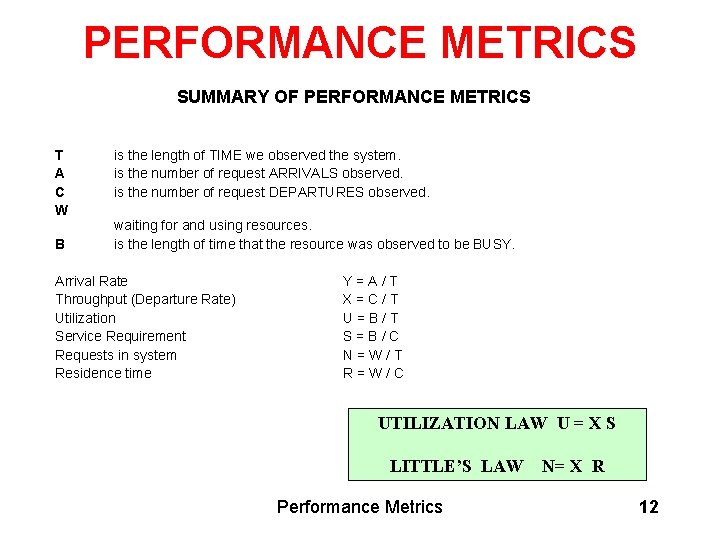 PERFORMANCE METRICS SUMMARY OF PERFORMANCE METRICS T A C W is the length of