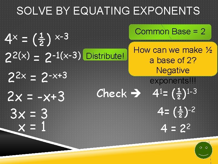 SOLVE BY EQUATING EXPONENTS 4 x = (½) x-3 22(x) = 2 -1(x-3) 22