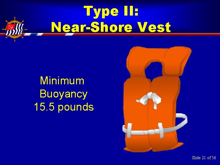 Type II: Near-Shore Vest Minimum Buoyancy 15. 5 pounds Slide 21 of 56 
