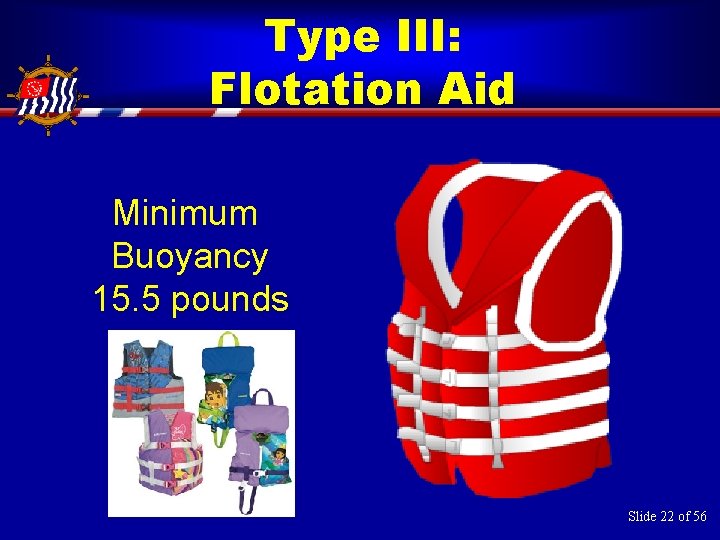 Type III: Flotation Aid Minimum Buoyancy 15. 5 pounds Slide 22 of 56 