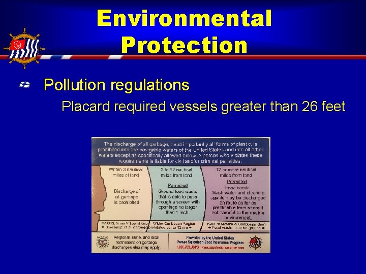Environmental Protection Pollution regulations Placard required vessels greater than 26 feet 