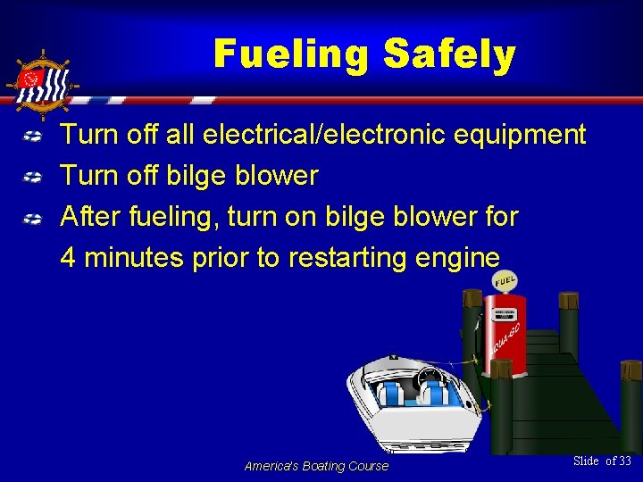 Fueling Safely Turn off all electrical/electronic equipment Turn off bilge blower After fueling, turn