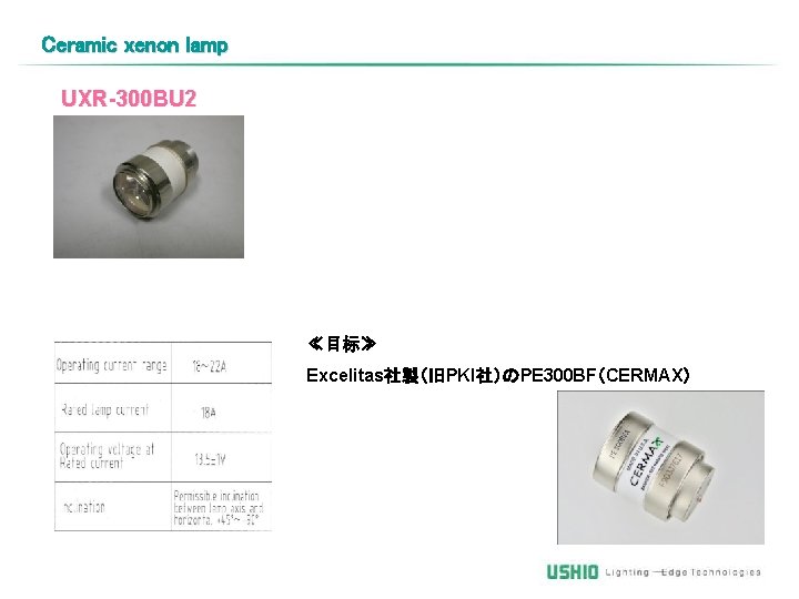 Ceramic xenon lamp UXR-300 BU 2 ≪目标≫ Excelitas社製（旧PKI社）のPE 300 BF（CERMAX） 