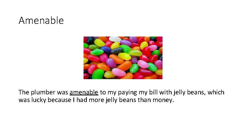 Amenable The plumber was amenable to my paying my bill with jelly beans, which