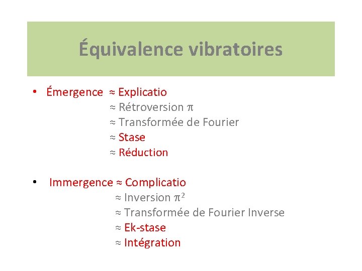 Équivalence vibratoires • Émergence ≈ Explicatio ≈ Rétroversion ≈ Transformée de Fourier ≈ Stase