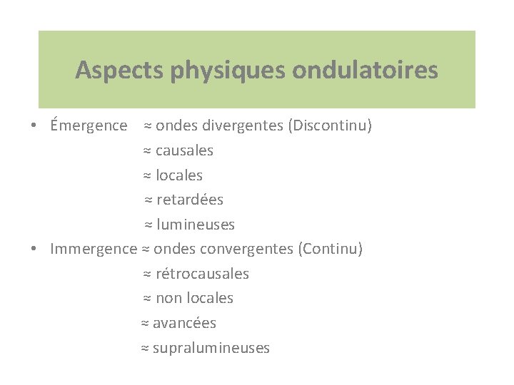 Aspects physiques ondulatoires • Émergence ≈ ondes divergentes (Discontinu) ≈ causales ≈ locales ≈