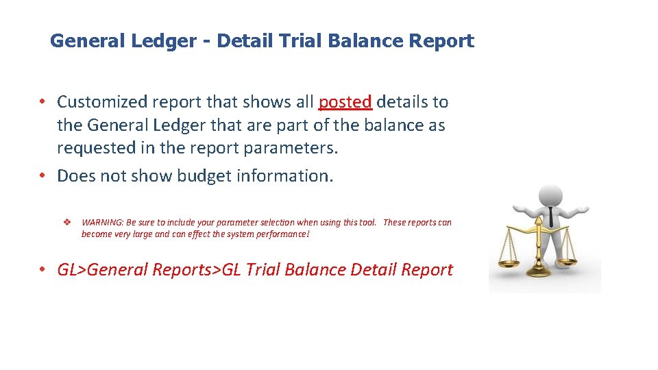 General Ledger - Detail Trial Balance Report • Customized report that shows all posted