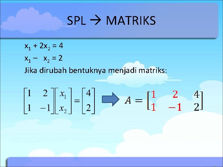 SPL MATRIKS x 1 + 2 x 2 = 4 x 1 – x