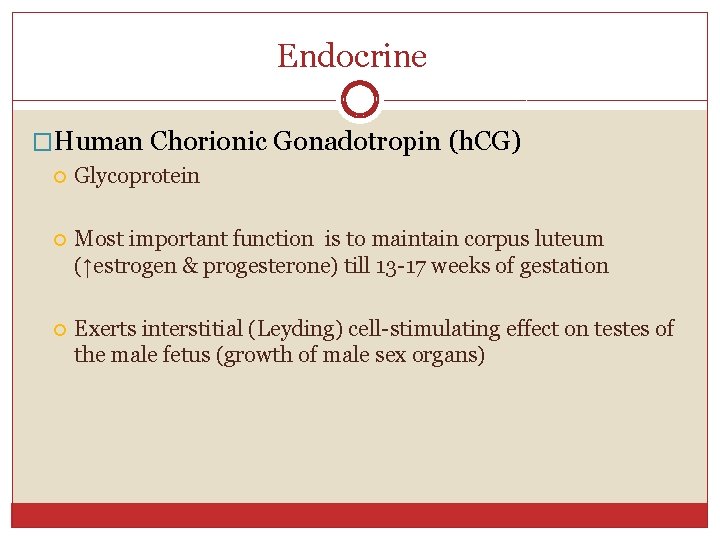 Endocrine �Human Chorionic Gonadotropin (h. CG) Glycoprotein Most important function is to maintain corpus