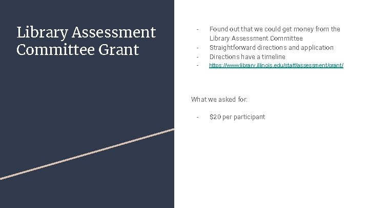 Library Assessment Committee Grant - Found out that we could get money from the