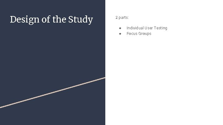 Design of the Study 2 parts: ● ● Individual User Testing Focus Groups 