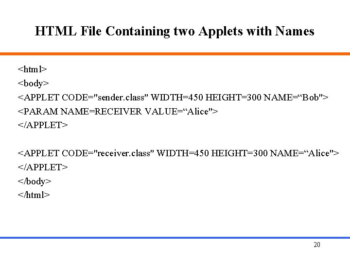 HTML File Containing two Applets with Names <html> <body> <APPLET CODE="sender. class" WIDTH=450 HEIGHT=300