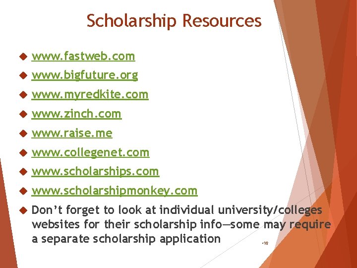 Scholarship Resources www. fastweb. com www. bigfuture. org www. myredkite. com www. zinch. com