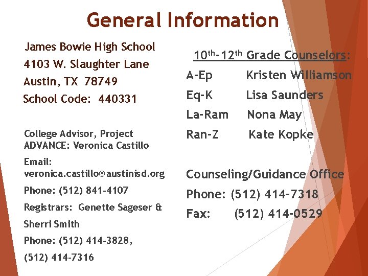 General Information James Bowie High School 4103 W. Slaughter Lane Austin, TX 78749 School