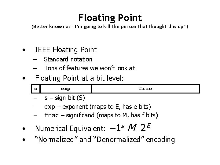 Floating Point (Better known as “I’m going to kill the person that thought this