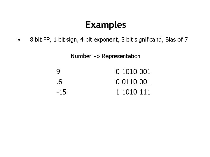 Examples • 8 bit FP, 1 bit sign, 4 bit exponent, 3 bit significand,