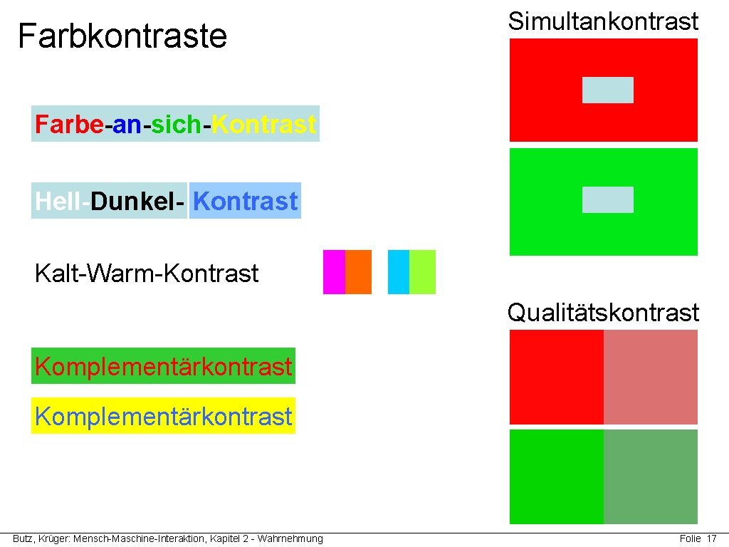 Farbkontraste Simultankontrast Farbe-an-sich-Kontrast Hell-Dunkel- Kontrast Kalt-Warm-Kontrast Qualitätskontrast Komplementärkontrast Butz, Krüger: Mensch-Maschine-Interaktion, Kapitel 2 - Farbkontraste Simultankontrast Farbe-an-sich-Kontrast Hell-Dunkel- Kontrast Kalt-Warm-Kontrast Qualitätskontrast Komplementärkontrast Butz, Krüger: Mensch-Maschine-Interaktion, Kapitel 2 -