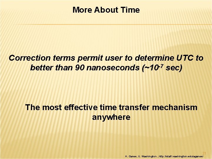 More About Time Correction terms permit user to determine UTC to better than 90