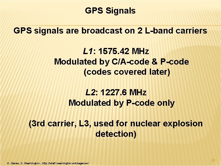 GPS Signals GPS signals are broadcast on 2 L-band carriers L 1: 1575. 42