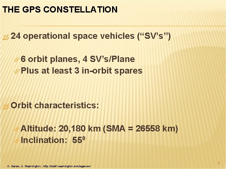 THE GPS CONSTELLATION 24 operational space vehicles (“SV’s”) 6 orbit planes, 4 SV’s/Plane Plus