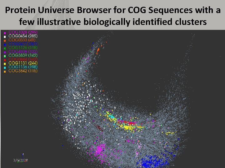 Protein Universe Browser for COG Sequences with a few illustrative biologically identified clusters 3/6/2021