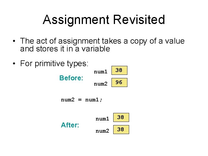 Assignment Revisited • The act of assignment takes a copy of a value and