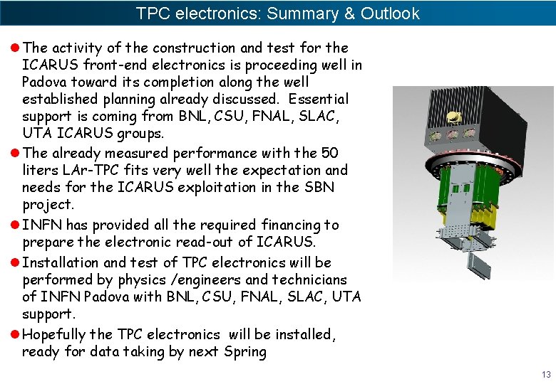 TPC electronics: Summary & Outlook l The activity of the construction and test for