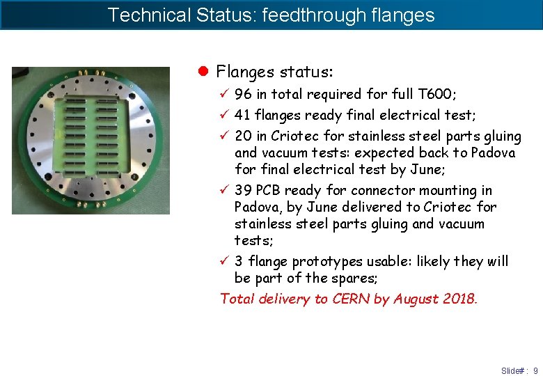 Technical Status: feedthrough flanges l Flanges status: ü 96 in total required for full