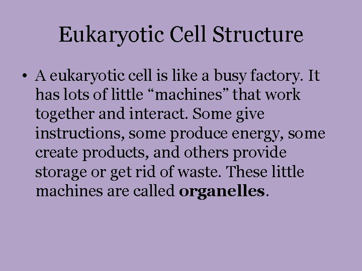 Eukaryotic Cell Structure • A eukaryotic cell is like a busy factory. It has