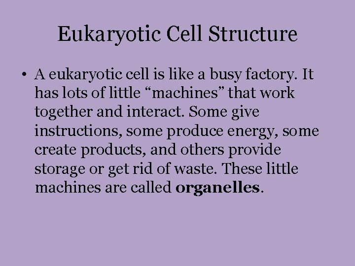 Eukaryotic Cell Structure • A eukaryotic cell is like a busy factory. It has