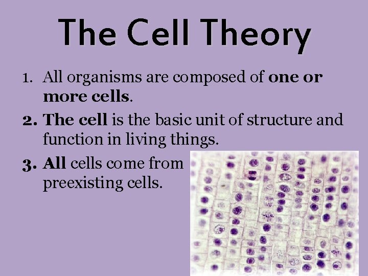 The Cell Theory 1. All organisms are composed of one or more cells. 2.