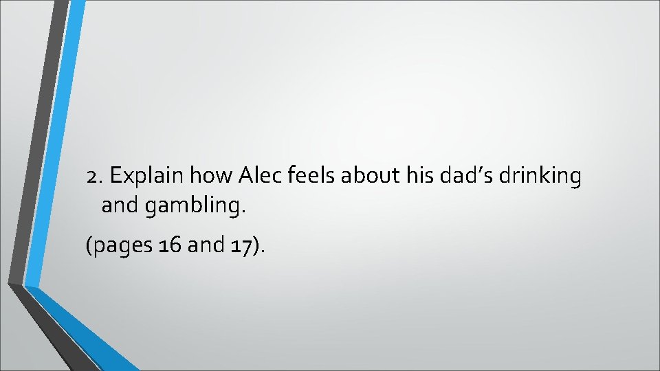 2. Explain how Alec feels about his dad’s drinking and gambling. (pages 16 and