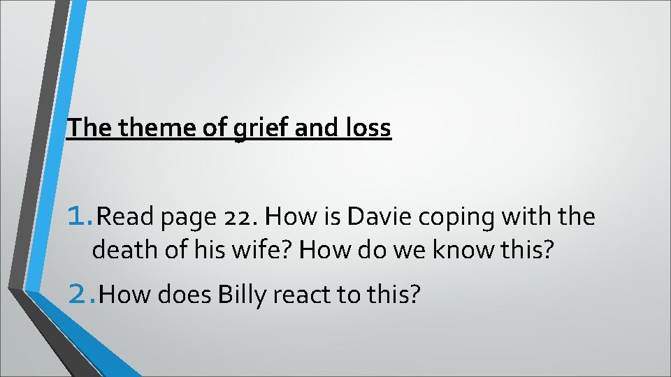 The theme of grief and loss 1. Read page 22. How is Davie coping