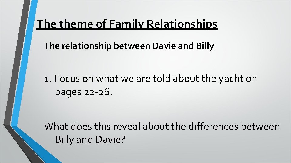 The theme of Family Relationships The relationship between Davie and Billy 1. Focus on