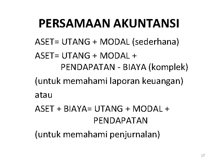 PERSAMAAN AKUNTANSI ASET= UTANG + MODAL (sederhana) ASET= UTANG + MODAL + PENDAPATAN -