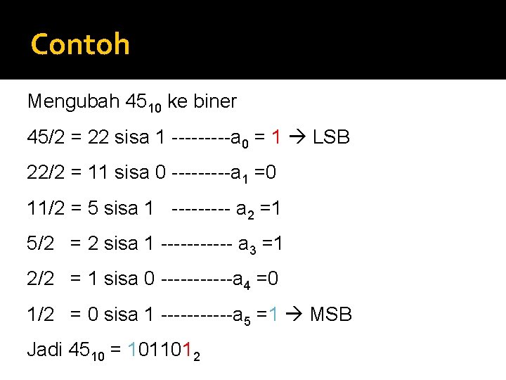 Contoh Mengubah 4510 ke biner 45/2 = 22 sisa 1 -----a 0 = 1