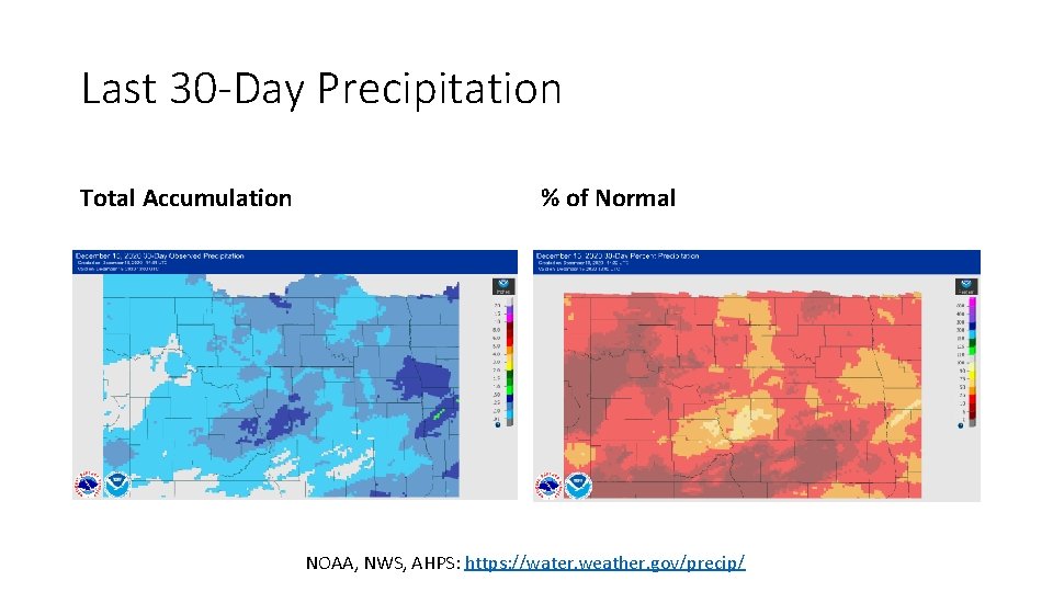 Last 30 -Day Precipitation Total Accumulation % of Normal NOAA, NWS, AHPS: https: //water.