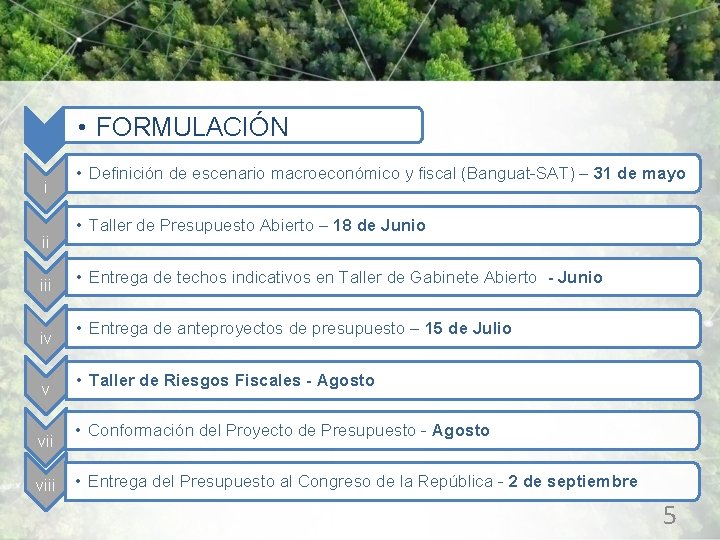  • FORMULACIÓN i ii iv v viii • Definición de escenario macroeconómico y