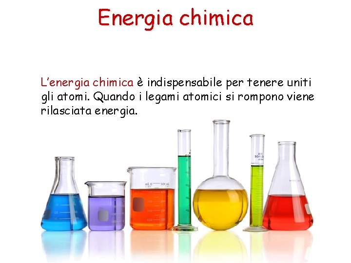 Energia chimica L’energia chimica è indispensabile per tenere uniti gli atomi. Quando i legami
