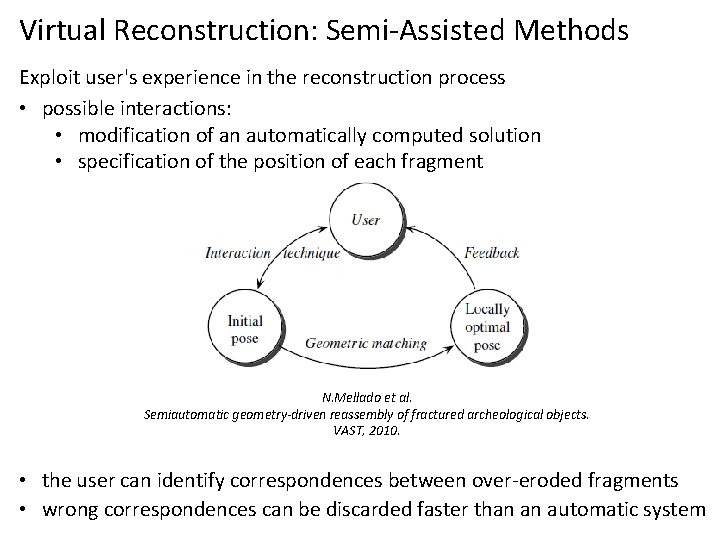 Virtual Reconstruction: Semi-Assisted Methods Exploit user's experience in the reconstruction process • possible interactions: