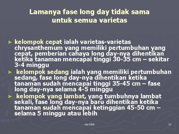 Lamanya fase long day tidak sama untuk semua varietas kelompok cepat ialah varietas-varietas chrysanthemum