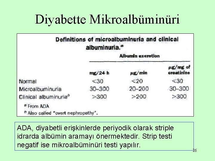 Diyabette Mikroalbüminüri ADA, diyabetli erişkinlerde periyodik olarak striple idrarda albümin aramayı önermektedir. Strip testi