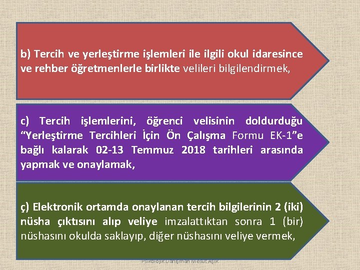 b) Tercih ve yerleştirme işlemleri ile ilgili okul idaresince ve rehber öğretmenlerle birlikte velileri