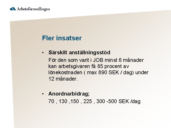 Fler insatser • Särskilt anställningsstöd För den som varit i JOB minst 6 månader